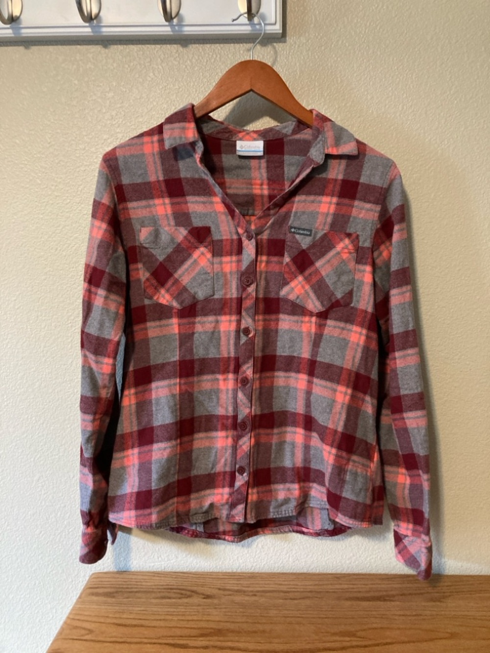 Columbia Women’s Pink and Gray Plaid Button-Down Outdoors Flannel Shirt